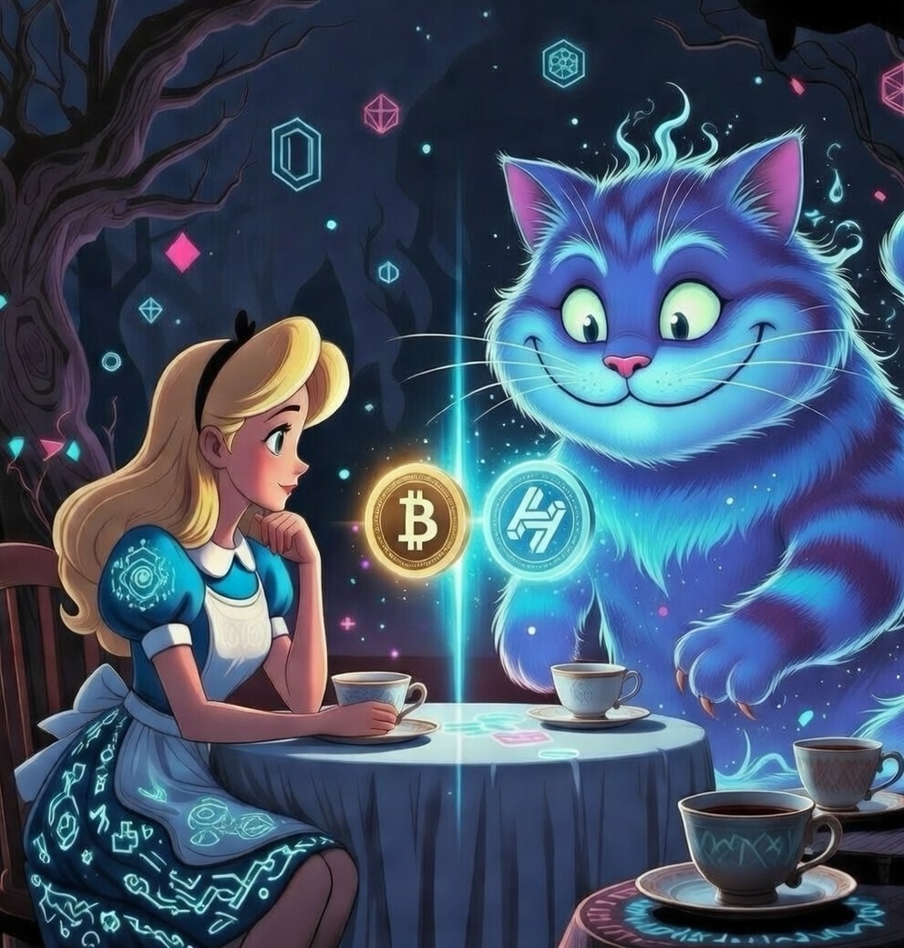 Liquidity.spot artwork of Alice and a glowing blue cat sharing tea